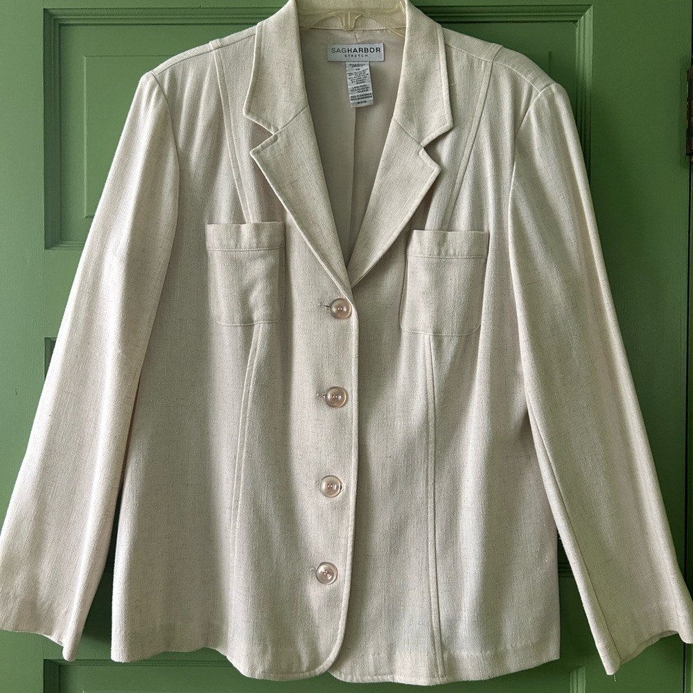 Sag Harbor Cream Spring Blazer Jacket Linen Rayon Polyester Blend Size 14